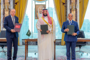 From left: the Turkish president, Recep Tayyip Erdoğan, the Saudi crown prince, Mohammed bin Salman, and Pakistan’s prime minister, Shehbaz Sharif, after signing the joint defence agreement in Mecca on Friday. Photograph: Saudi Press Agency/Reuters